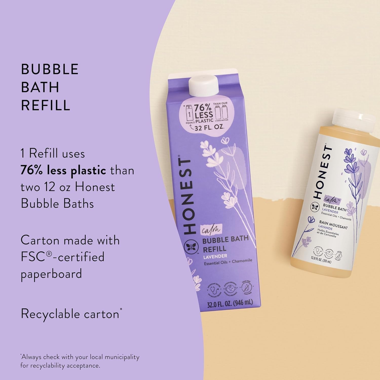 Foaming Bubble Bath Refill Carton | Gentle for Baby | Naturally Derived, Tear-Free, Hypoallergenic | Lavender Calm, 32 Fl Oz