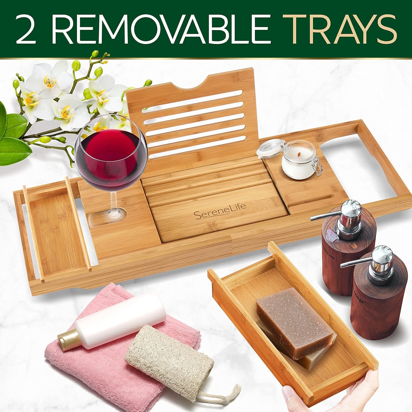 Bath Caddy Breakfast Tray Combo - Natural Bamboo Wood Waterproof Tub 