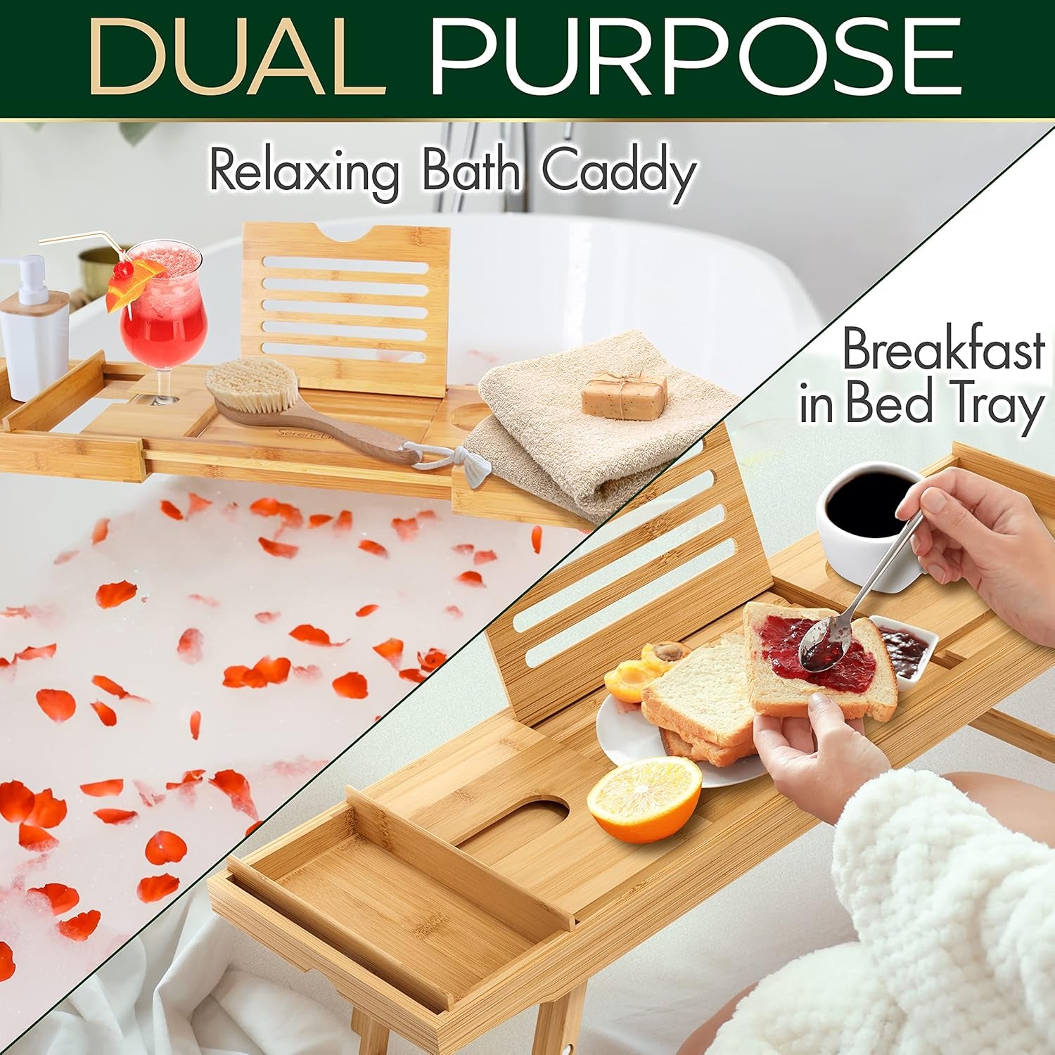 Bath Caddy Breakfast Tray Combo - Natural Bamboo Wood Waterproof Tub 